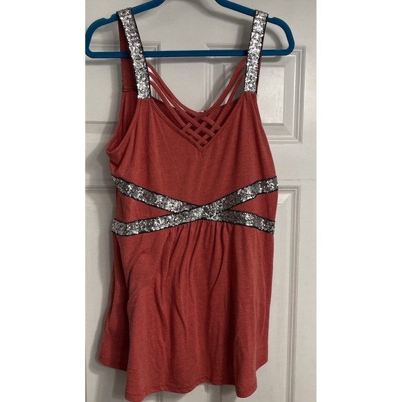 Y2K Tank Top 1X Coral Pink Sequin Trim Festival‎ Babydoll Rave Concert Flowy - Picture 1 of 8